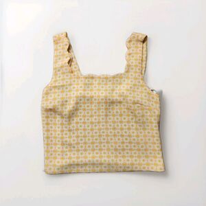 Monteau Yellow Cream Floral Crop Top Scalloped Neck Smocked Back Womens M EUC